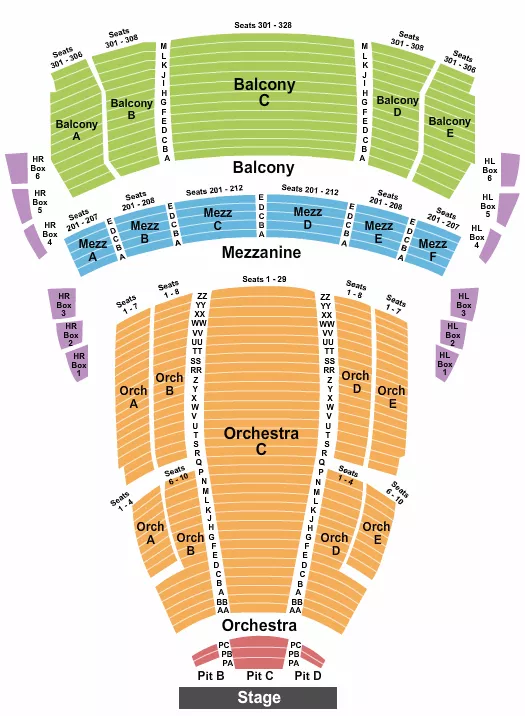 Endstage Seating Chart at Temple Hoyne Buell Theatre. The chart shows the main floor/stage with seating options surrounding it, which are color coded