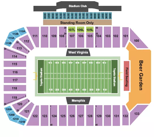 Football - Frisco Bowl Seating Chart at Toyota Stadium. The chart shows the main floor/stage with seating options surrounding it, which are color coded