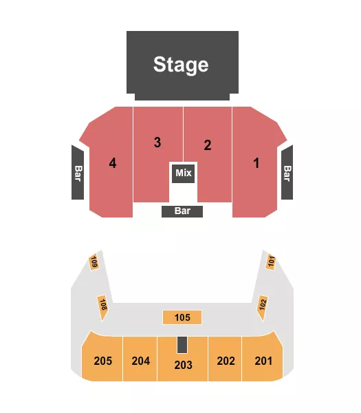 End Stage Seating Chart at Vibrant Music Hall. The chart shows the main floor/stage with seating options surrounding it, which are color coded