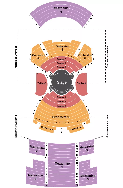Cabaret Seating Chart at Virginia/August Wilson Theatre. The chart shows the main floor/stage with seating options surrounding it, which are color coded