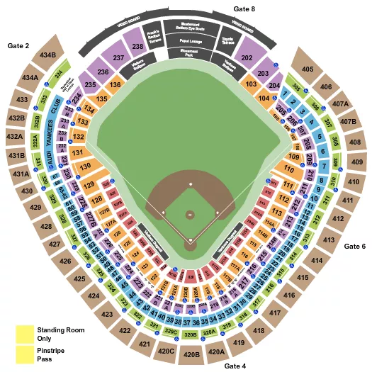 Baseball Seating Chart at Yankee Stadium. The chart shows the main floor/stage with seating options surrounding it, which are color coded