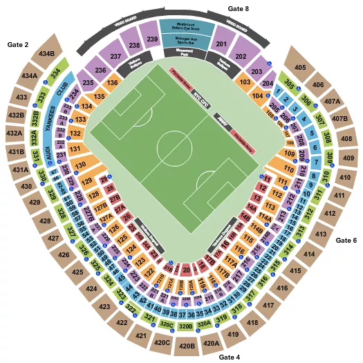 Soccer 2 Seating Chart at Yankee Stadium. The chart shows the main floor/stage with seating options surrounding it, which are color coded